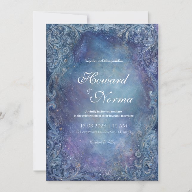 Convite Casamento Nebulosa Azul Celestial Barroca Prata (Frente)