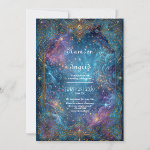 Convite Casamento Nebulosa Roxa Dourada Ornamentada