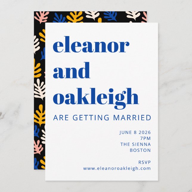 Convite Casamento Negra Azul Botânico Moderno Matisse (Frente/Verso)