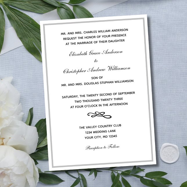 Convite Casamento Negra Branca de Prata Formal Tradicional (Silver Border Traditional Wording Bride and Grooms Parents Names Wedding invitation. Printed Digital)
