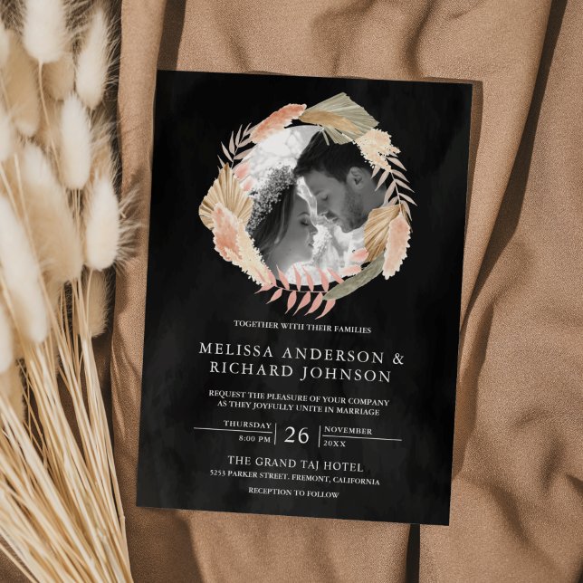 Convite Casamento Negra De Palma Seca Pampas Wreath (Criador carregado)