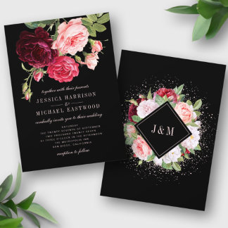 Convite Casamento Negra Elegante Monograma Rose Bouquet