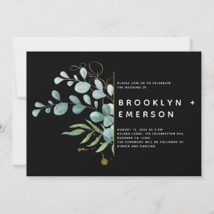 Convite Casamento Negra Eucalyptus Gold Foil Modern