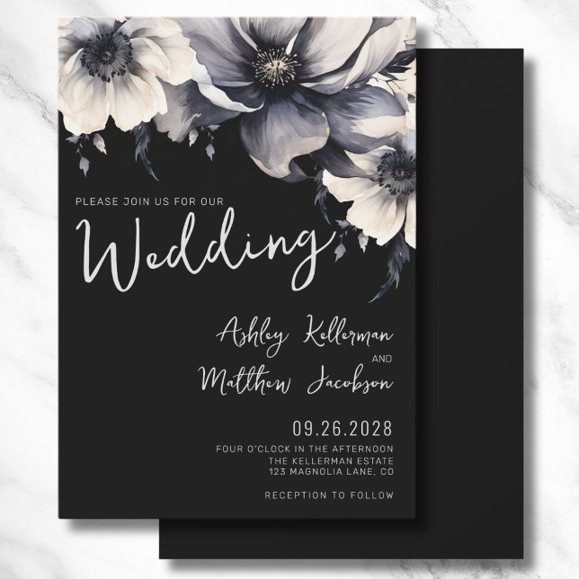 Convite Casamento Negra Floral Boho com Manuscrito Elegant (Modern Elegant Script Floral Black White Wedding Invitation)