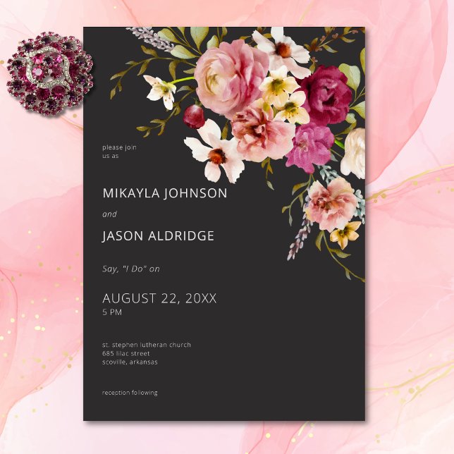 Convite Casamento Negra Floral do Verão Elegante Moderno (Modern Elegant Summer Meadow Floral Black Wedding Invitation)
