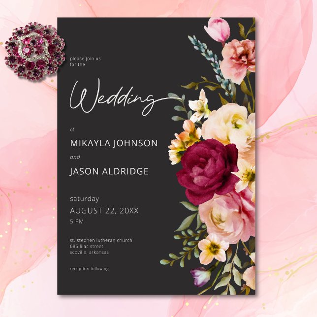 Convite Casamento Negra Floral do Verão Elegante Moderno (Modern Elegant Summer Meadow Floral Black Wedding Invitation)