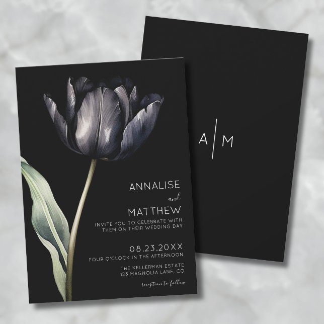 Convite Casamento Negra Moderno Elegante Flor Simples (Flower Simple Elegant Modern Black Wedding Invitation )
