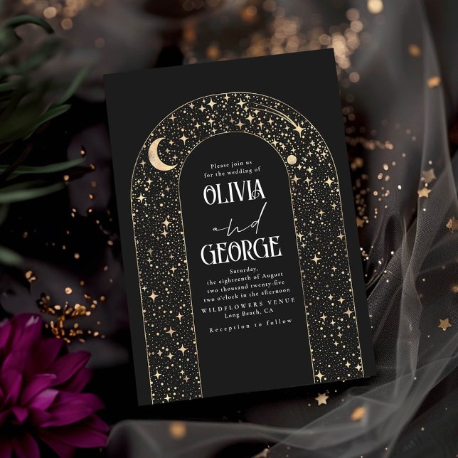 Convite Casamento Negra Romântico Celestial das Estrelas d (Celestial Night Sky Arch Black Wedding Invitations)