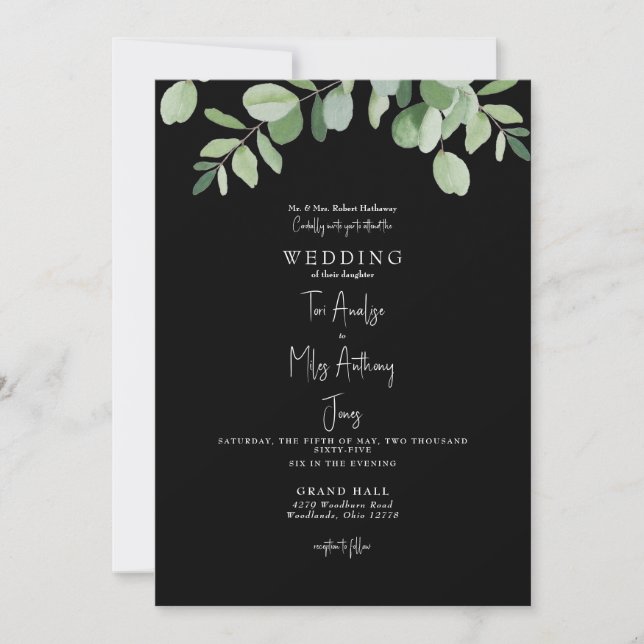 Convite Casamento Negra Simples Eucalyptus Greenery (Frente)