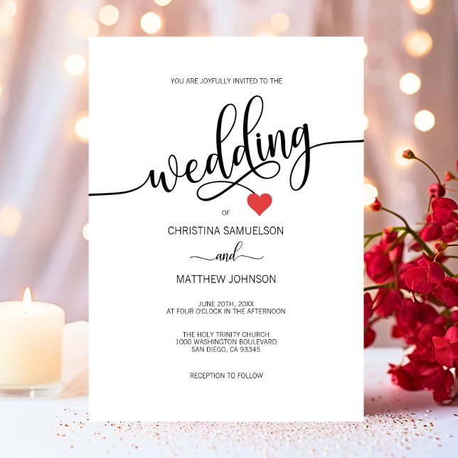 Convite Casamento Negra Simples Moderno, Vermelho Branco (Modern Simple Black, White Red Heart Wedding Invitation)