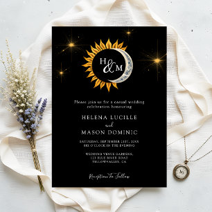 Convite Casamento Negra Sonolento com Monograma Sol e Lua