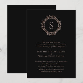 Convite Casamento Negro Blush de Cobre Monograma Elegante