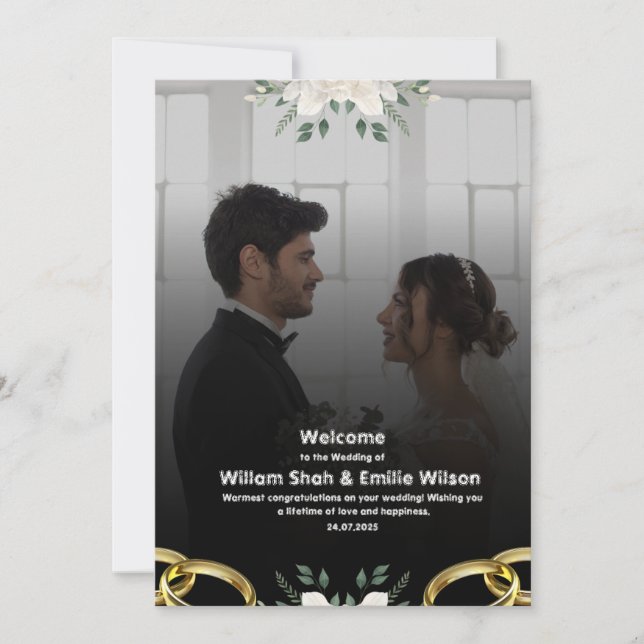 Convite Casamento Negro com Flores Modernas (Frente)