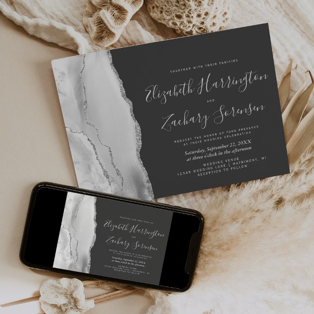 Convite Casamento Negro de Agata Branca de Cinza Moderna (Criador carregado)