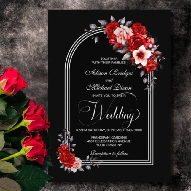 Convite Casamento Negro de Arca Floral Vermelha (Criador carregado)