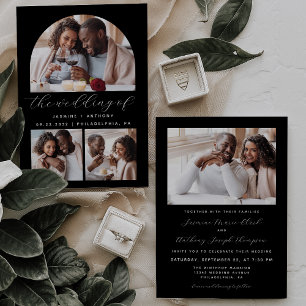 Convite Casamento Negro de Colagem de Fotografias Minimali