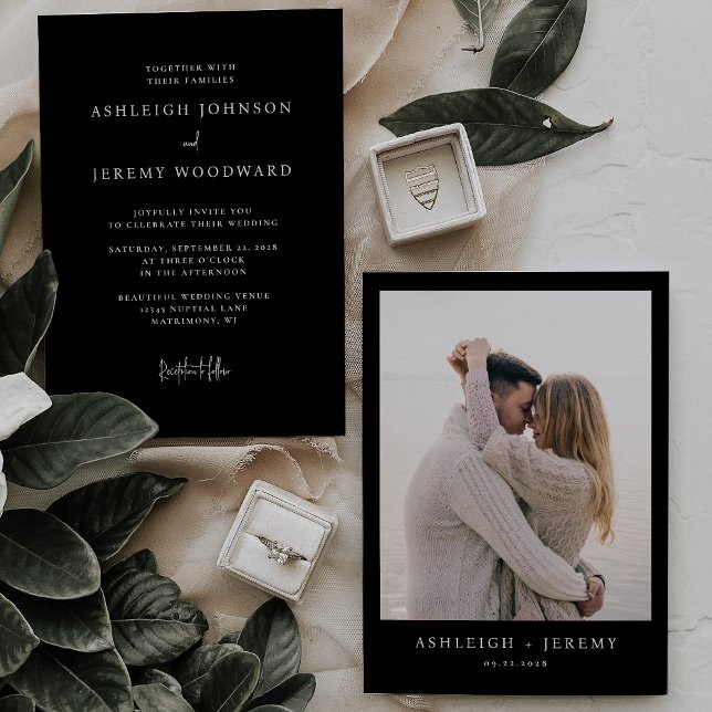 Convite Casamento Negro de Foto Elegante Simples (Criador carregado)