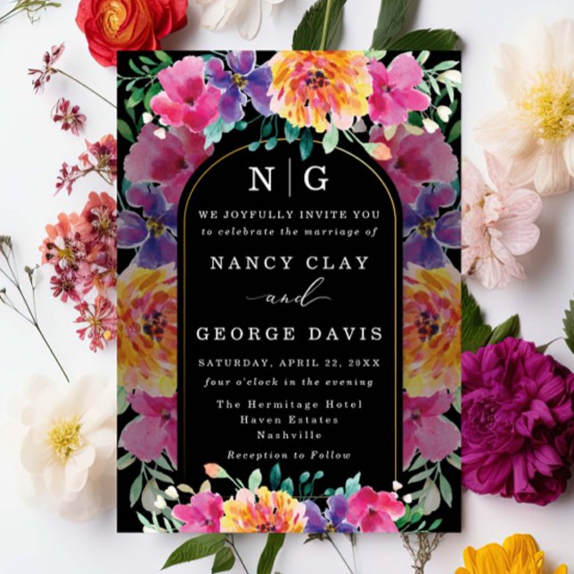 Convite Casamento Negro de Monograma Colorido Tropical (Criador carregado)