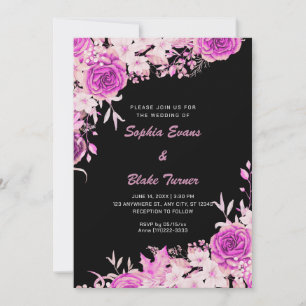 Convite Casamento Negro de Rosas Rosa Elegante