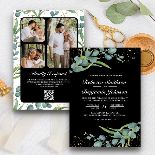 Convite Casamento Negro do Código QR de Foto Eucalyptus Ru (Criador carregado)