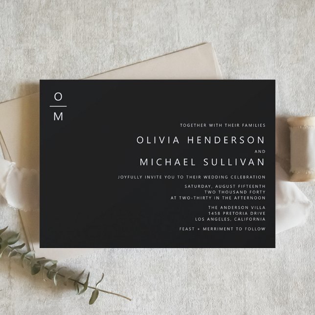 Convite Casamento Negro do Monograma com Tipografia Minima (Minimalist Typography Monogram Black Wedding Invitation)