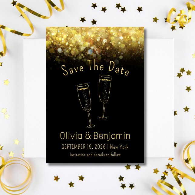 Convite Casamento Negro Dourado Brinde Salva A Data (Toast  Gold Glitter Black Wedding Save The Date Invitation )