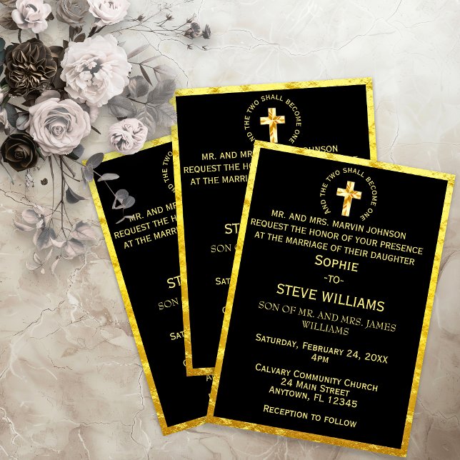 Convite Casamento Negro Dourado Tradicional da Cruz Cristã (Traditional Gold Christian Cross Black Wedding Invitation)