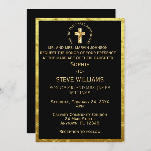 Convite Casamento Negro Dourado Tradicional da Cruz Cristã (Frente/Verso)