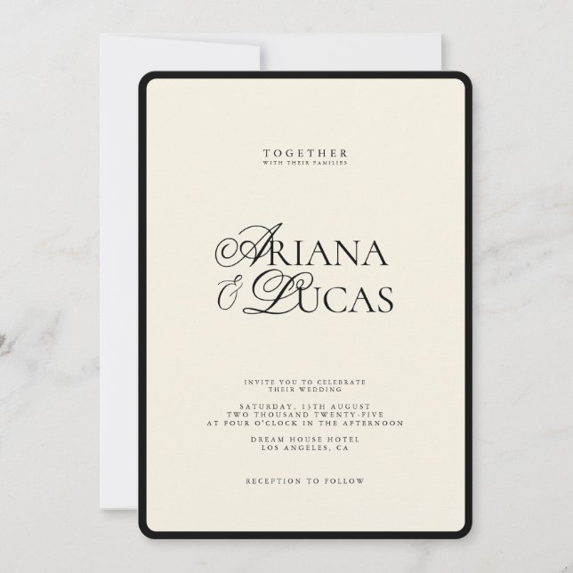 Convite Casamento Negro e Branco com Script Moderno Minima (Frente)
