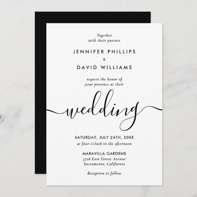 Convite Casamento Negro e Branco com Script Moderno Minima (Frente/Verso)