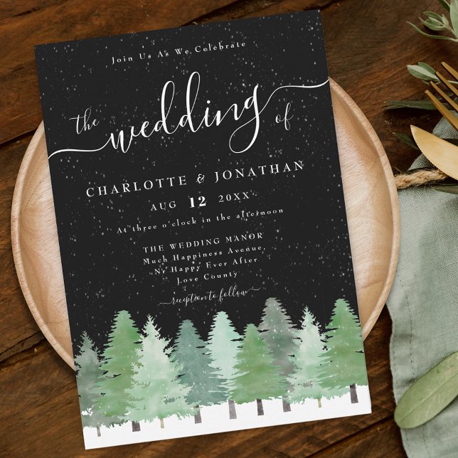Convite Casamento Negro e Branco da Floresta Moderna de In (Elegant modern watercolor Woodland Rustic Winter forest black and white wedding invitation)