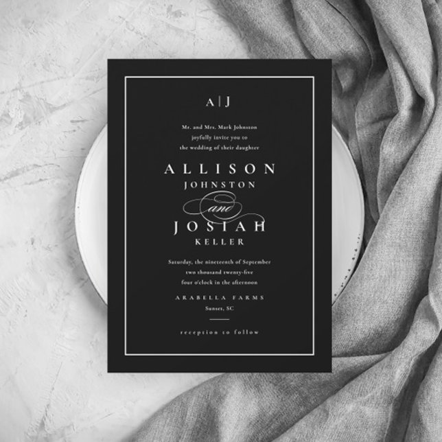 Convite Casamento Negro e Branco Elegante (Criador carregado)