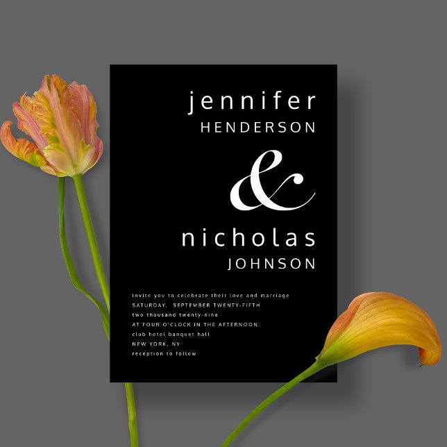 Convite Casamento Negro E Branco Elegante (Front / Black Ampersand Minimalist Typography Wedding Invitation)