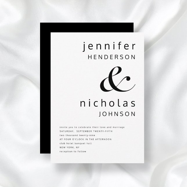 Convite Casamento Negro E Branco Elegante (Front/Back Black & White Simple Minimalist Typography Wedding Invitation)