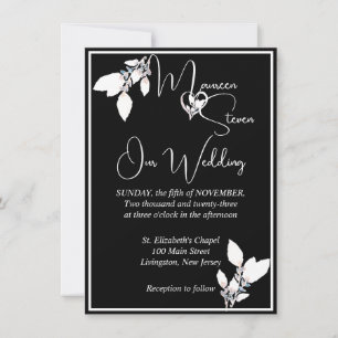 Convite Casamento Negro e Branco Elegante Floral