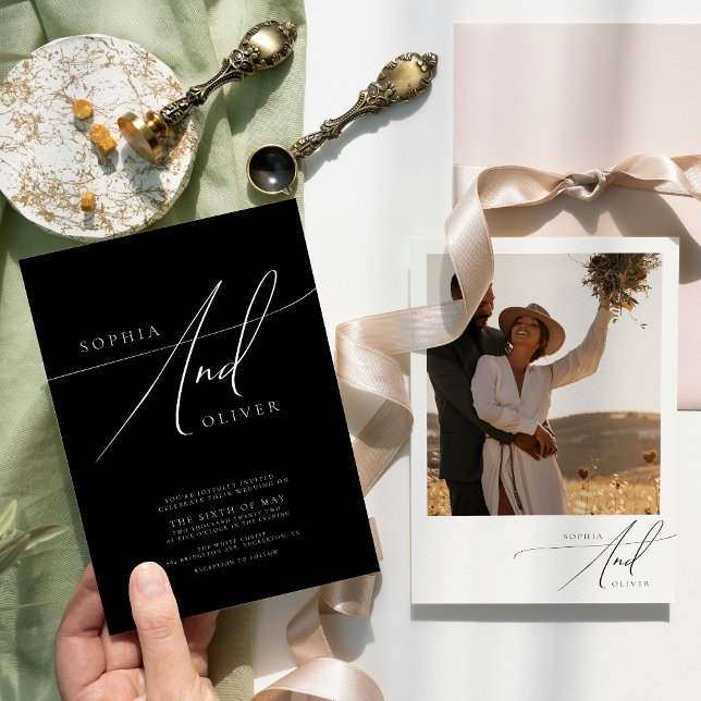 Convite Casamento Negro e Branco Elegante Moderno (Criador carregado)