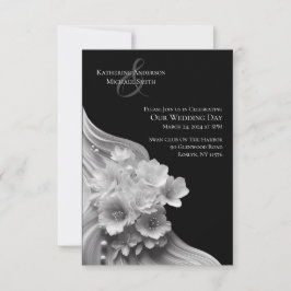 Convite Casamento Negro e Branco Floral Moderno-
