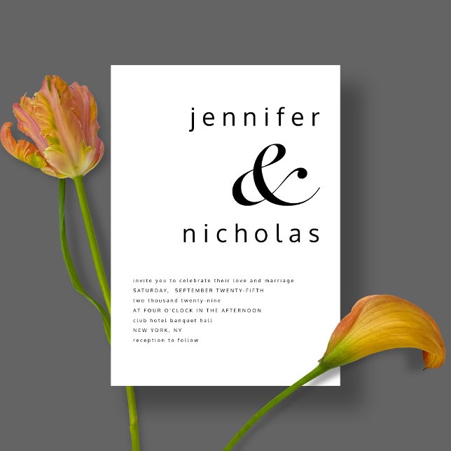 Convite Casamento Negro E Branco Moderno Elegante (Front / Black & White Simple Minimalist Typography Wedding Invitation)