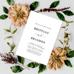 Convite Casamento Negro e Branco Moderno Minimalista<br><div class="desc">Convocação minimalista de Negra Moderna e Casamento Branco de Simon & Grace. Personalize com o nome e os detalhes do casamento do noivo e do noivo. Texto preto mostrado em branco com um fundo preto sólido. Todo o texto, fontes e cores podem ser personalizados por você usando as ferramentas fornecidas...</div>