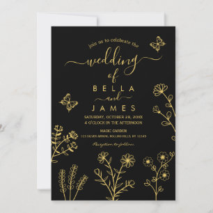 Convite Casamento negro e Dourado de flor selvagem