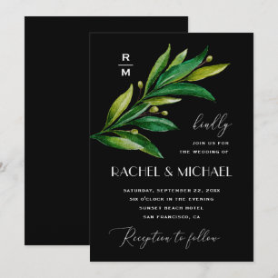 Convite Casamento negro e elegante. Verde aquarela