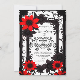 Convite Casamento negro e vermelho do esqueleto gótico leg