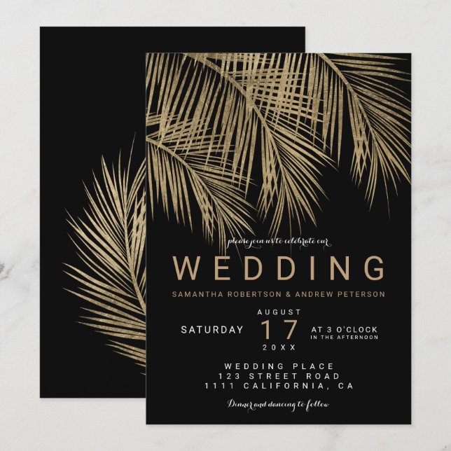 Convite Casamento negro elegante de palmeira de ouro falso (Frente/Verso)