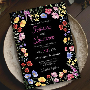 Convite Casamento negro floral de flores selvagens legante