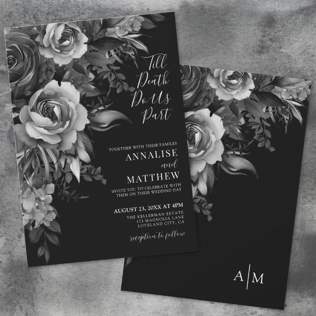 Convite Casamento Negro Floral Gótico (Gothic Floral Black Wedding Invitation)