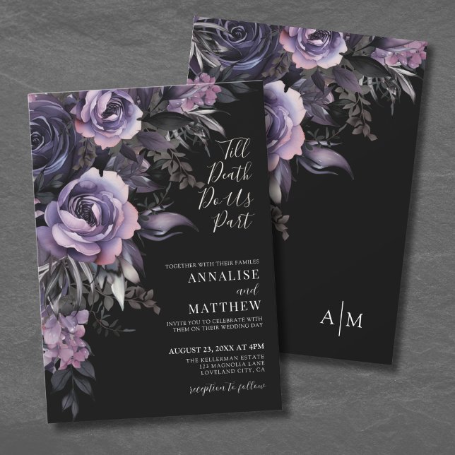 Convite Casamento Negro Floral Moderno Gótico (Modern Gothic Floral Black Wedding Invitation)