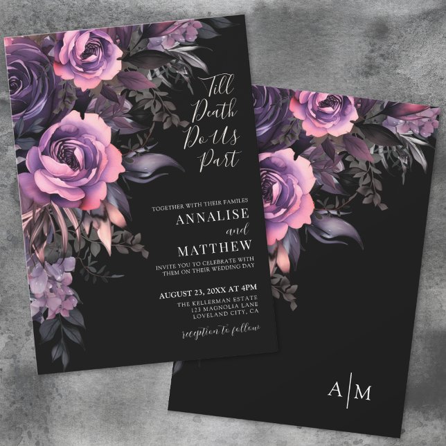 Convite Casamento Negro Floral Moderno Gótico (Modern Gothic Floral Black Wedding Invitation)