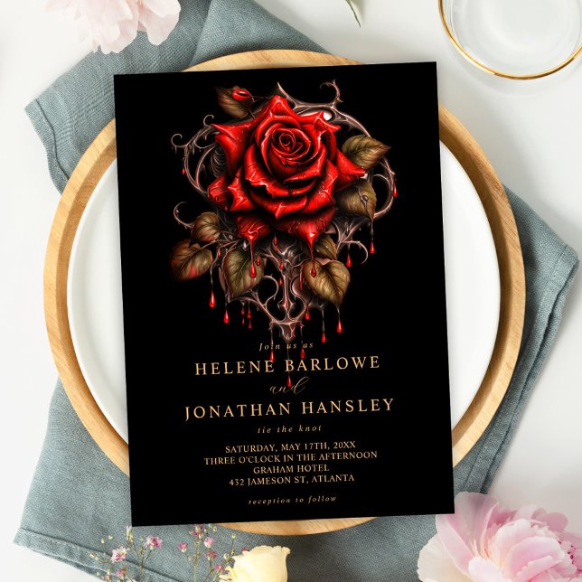 Convite Casamento Negro Floral rosa Gótico (Rose Gothic Floral Black Wedding Invitation)