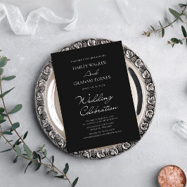 Convite Casamento Negro Mínimo de Caligrafia com Script Cl