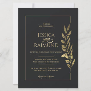 Convite Casamento Negro Moderno de Folhas Douradas